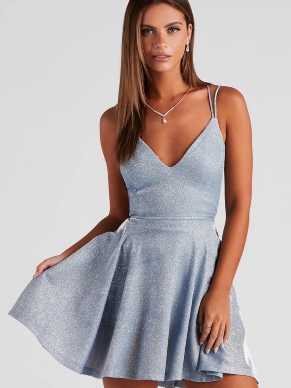 Windsor Light Blue Sparkle V-Neck A-Line Dress